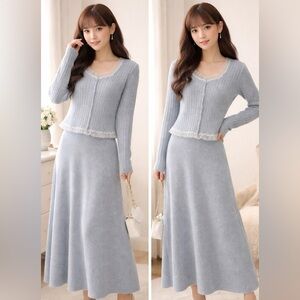 Light Blue Wool Knit Sweater and Skirt Set